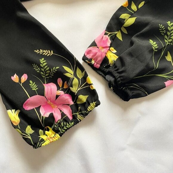 GABBY SKYE BLACK FLORAL SHIRRED SMOCKED WAIST TIERED DRESS - 8 - Picture 10 of 12